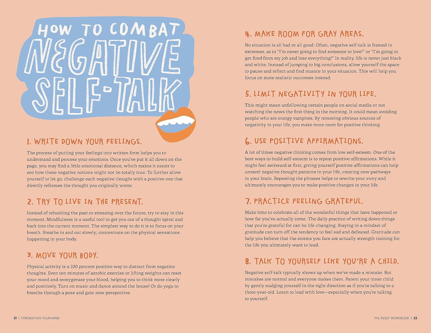 Book spread with tips on how to combat negative self-talk, featuring text and icons on a beige background.