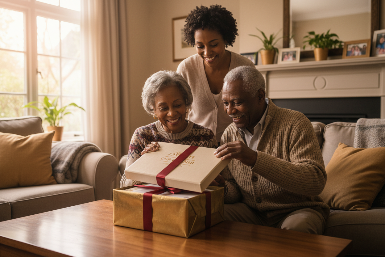 An adult woman gifts her senior mother with an end of life organizer.