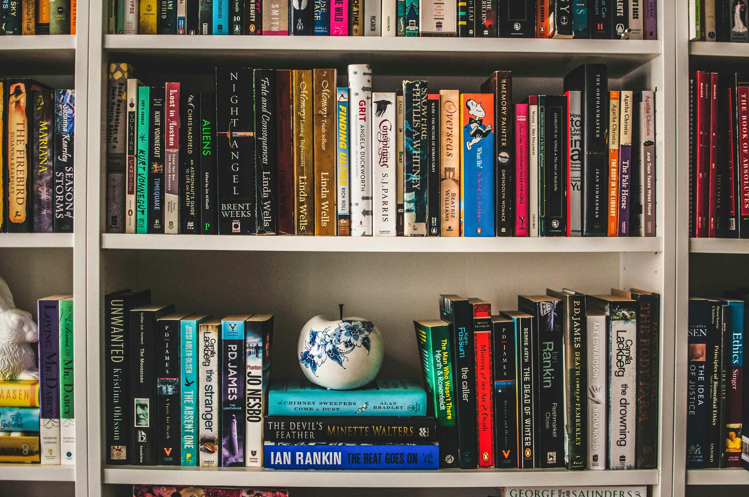 A bookshelf filled with colorful books.