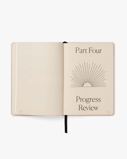 Open notebook with 'Part Four' and 'Progress Review' text on a white background