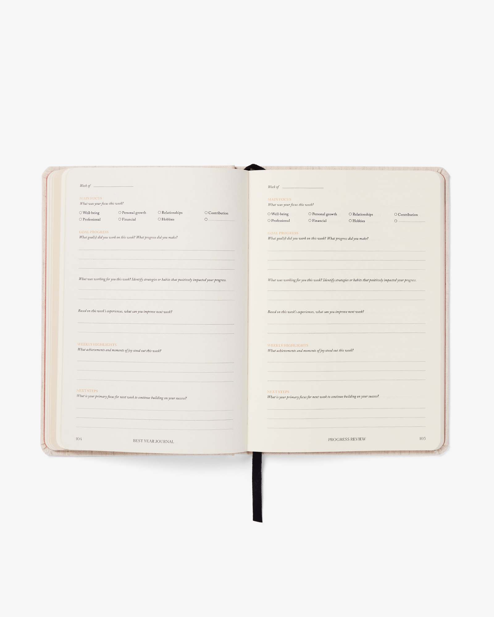 Open notebook with text on white background