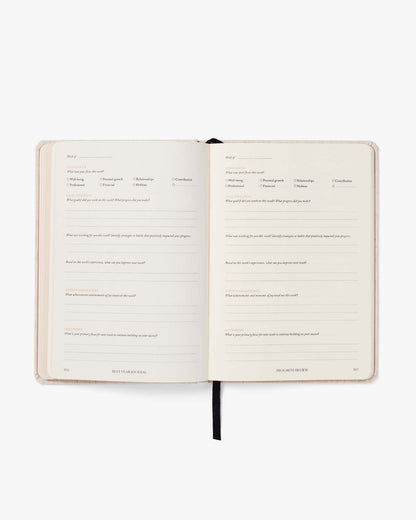 Open notebook with text on white background