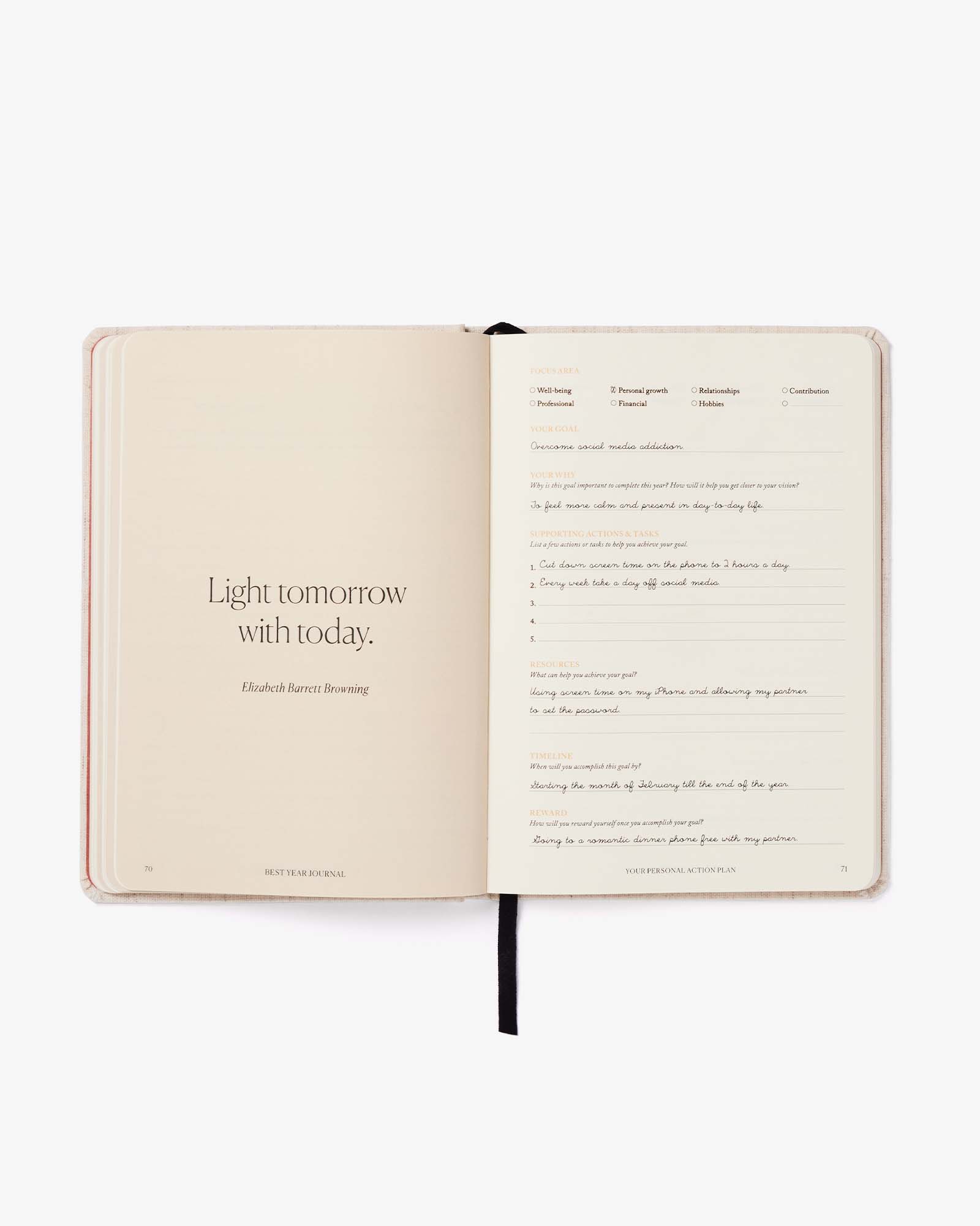 Open notebook with a quote on a white background