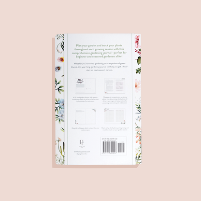 Back cover of a gardening journal with floral designs on a light pink background