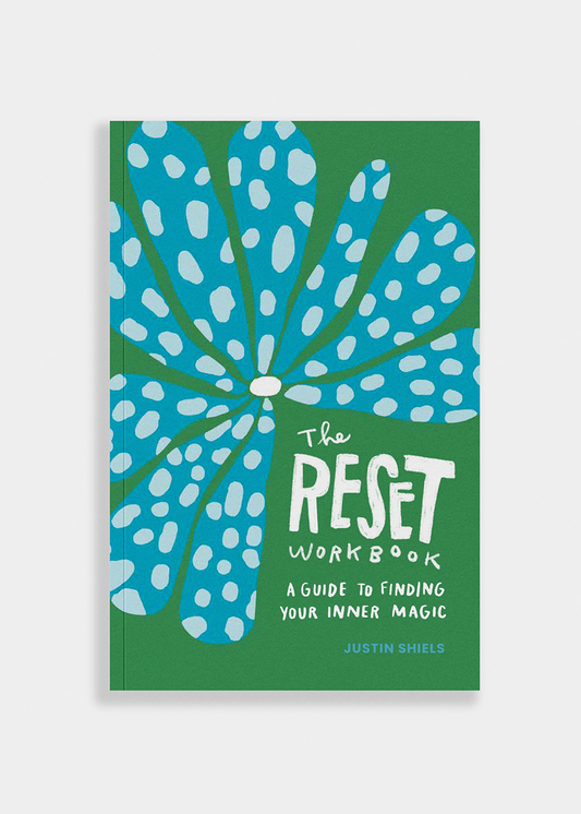Book cover of 'The Reset Workbook' with a blue floral design on a green background
