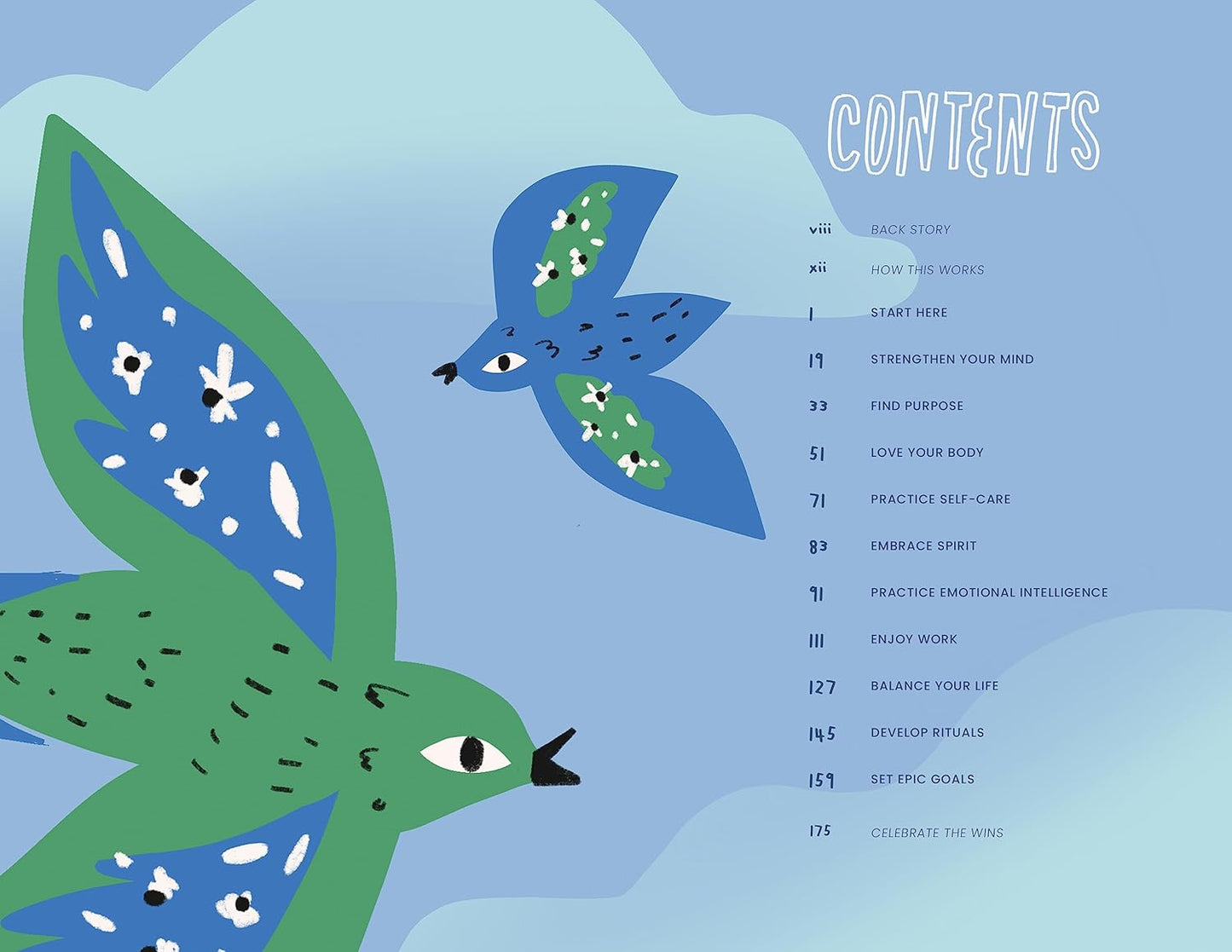 Illustration of two birds on a blue background with a list of contents on the right.