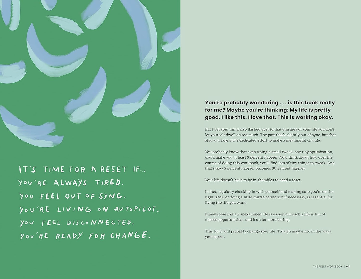 Book interior with text and blue leaf illustrations on a green background