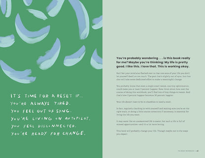 Book interior with text and blue leaf illustrations on a green background