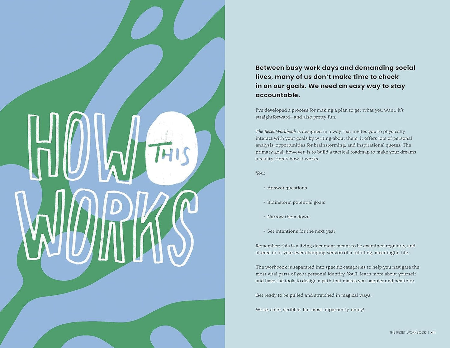 Book page with text and abstract green and blue design on a light blue background
