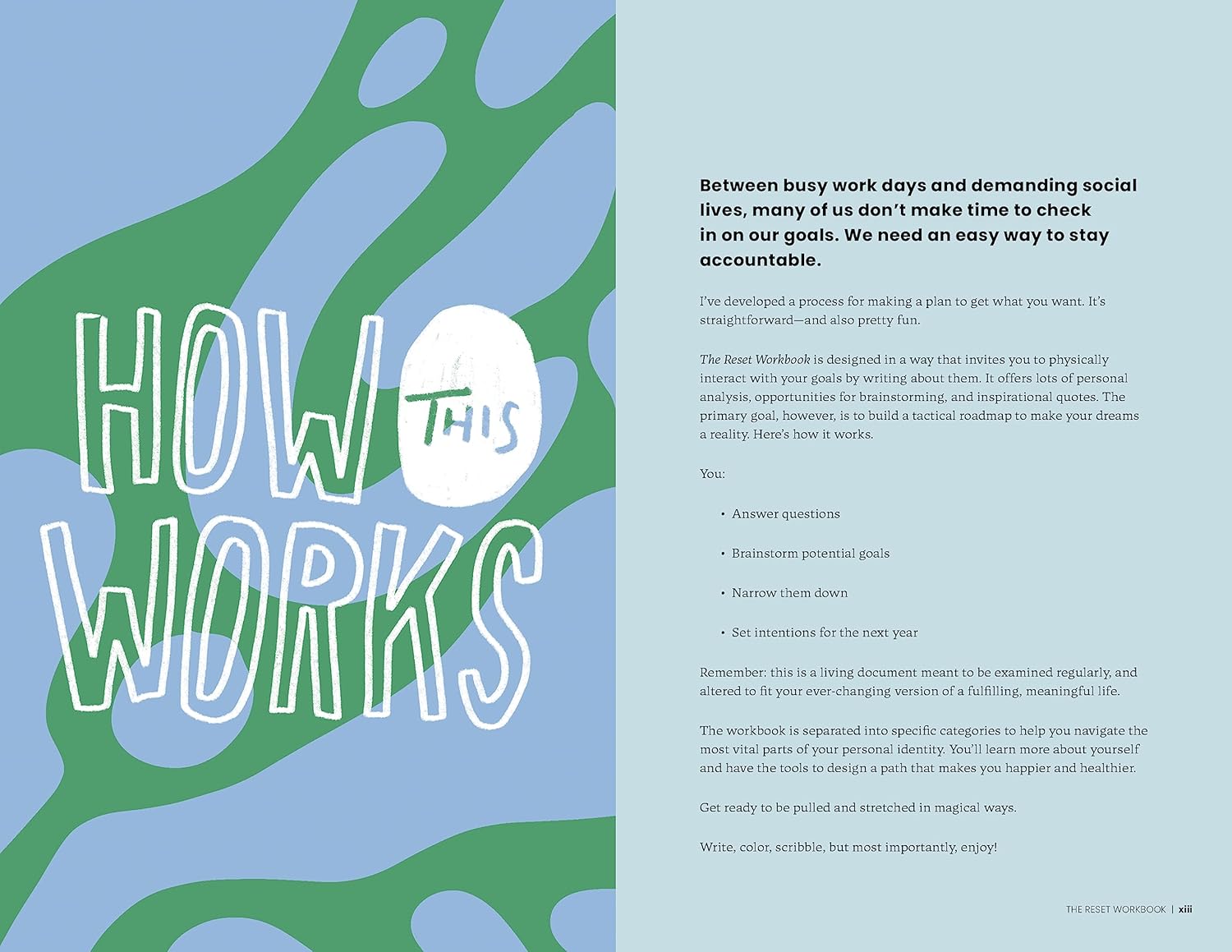 Book page with text and abstract green and blue design on a light blue background