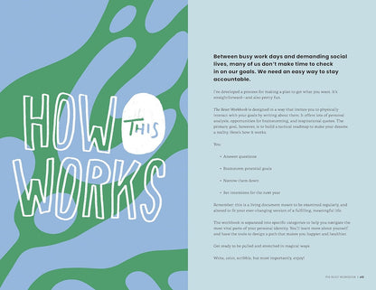 Book page with text and abstract green and blue design on a light blue background
