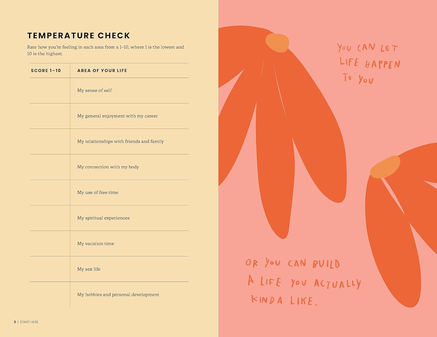Sheet with temperature check questionnaire on a beige background and motivational quote on a pink background.