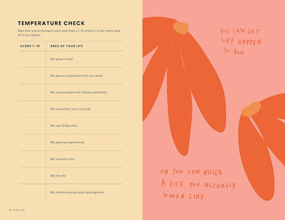 Sheet with temperature check questionnaire on a beige background and motivational quote on a pink background.