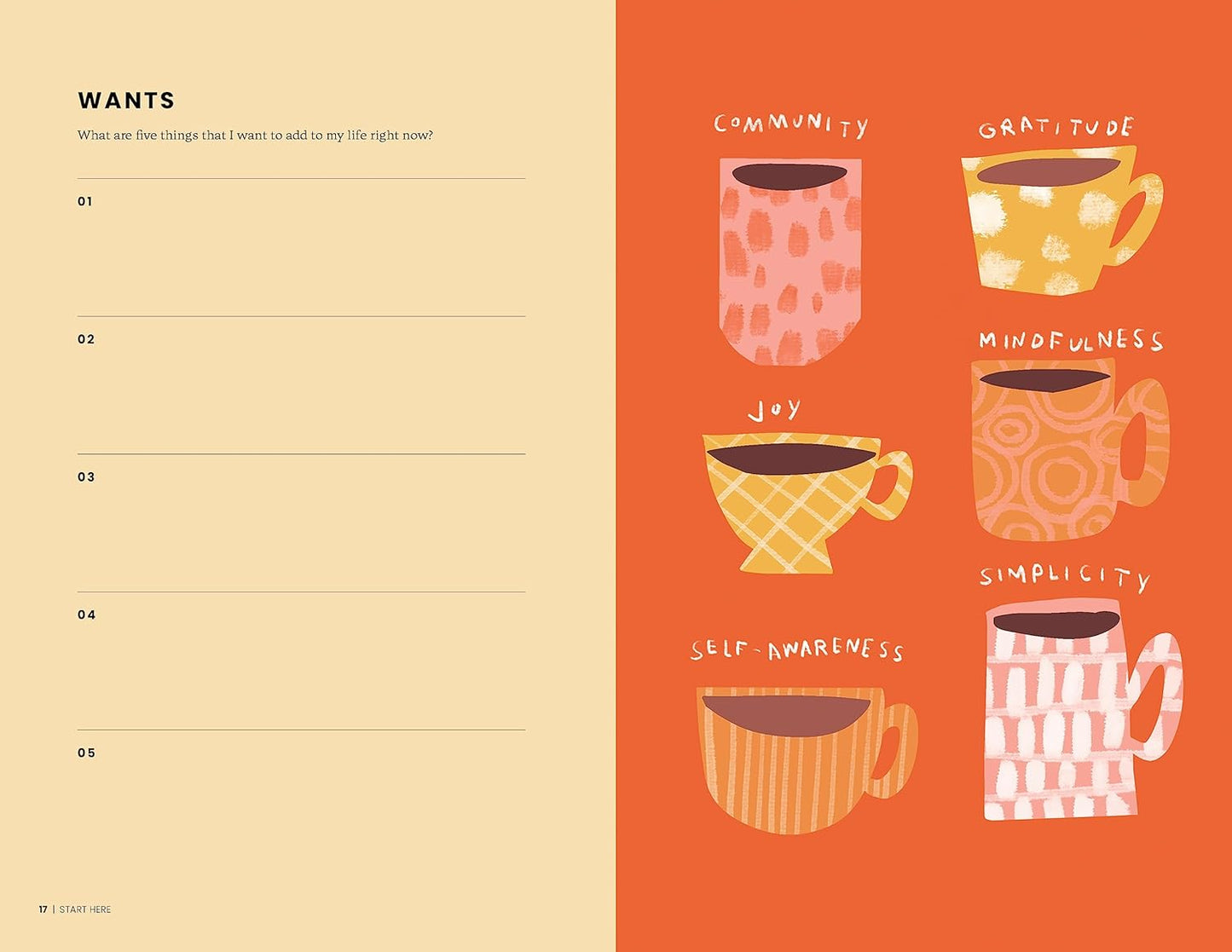 Illustrations of patterned mugs on an orange background with text above.