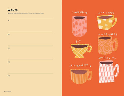 Illustrations of patterned mugs on an orange background with text above.