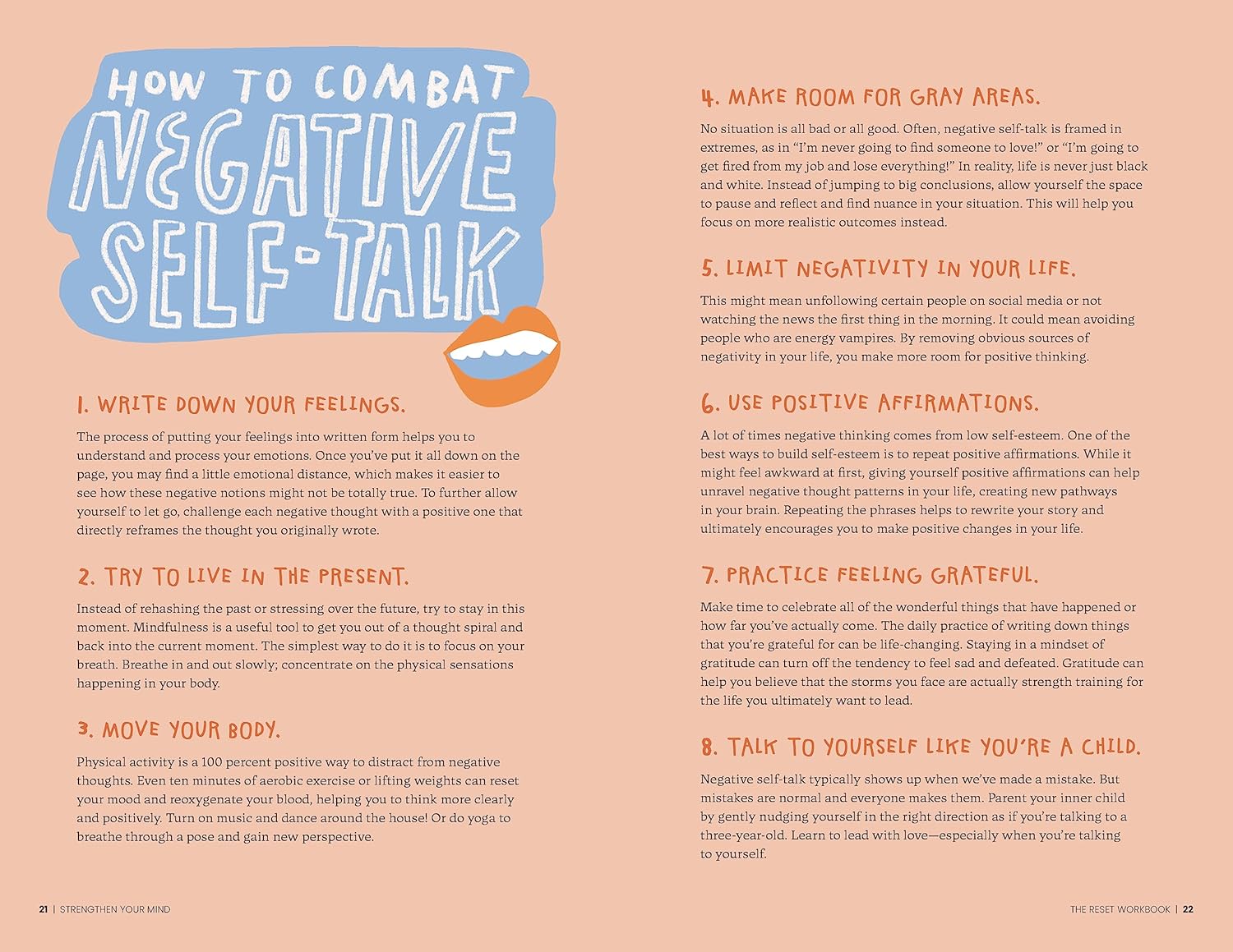 Book spread with tips on how to combat negative self-talk, featuring text and icons on a beige background.
