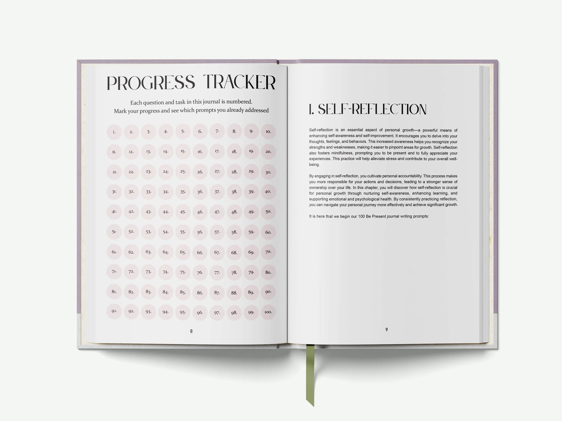 Open book showing a progress tracker and self-reflection section on a white background