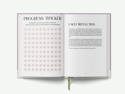 Open book showing a progress tracker and self-reflection section on a white background