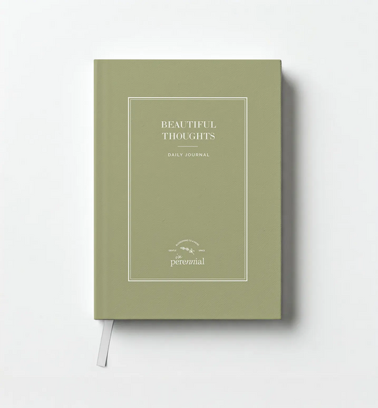 Green journal with 'Beautiful Thoughts' text on a white background