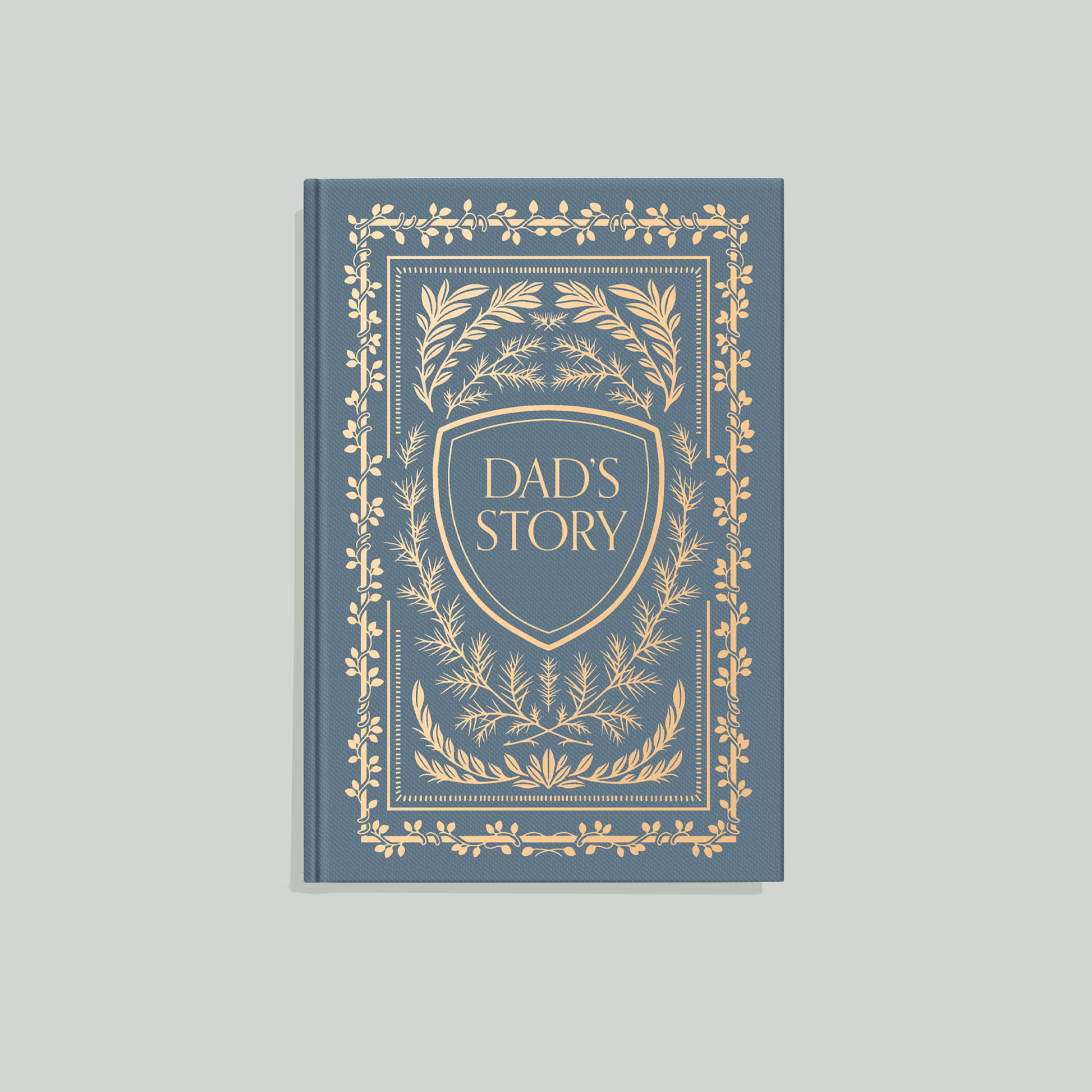 Book titled 'Dad's Story' with decorative cover on a light gray background