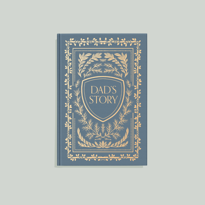 Book titled 'Dad's Story' with decorative cover on a light gray background
