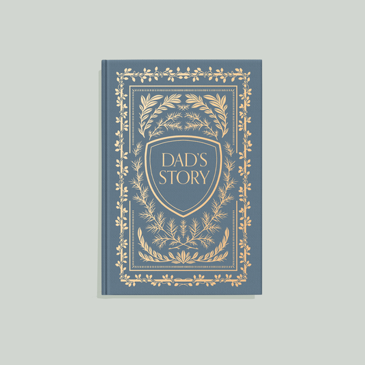 Book titled 'Dad's Story' with decorative cover on a light gray background