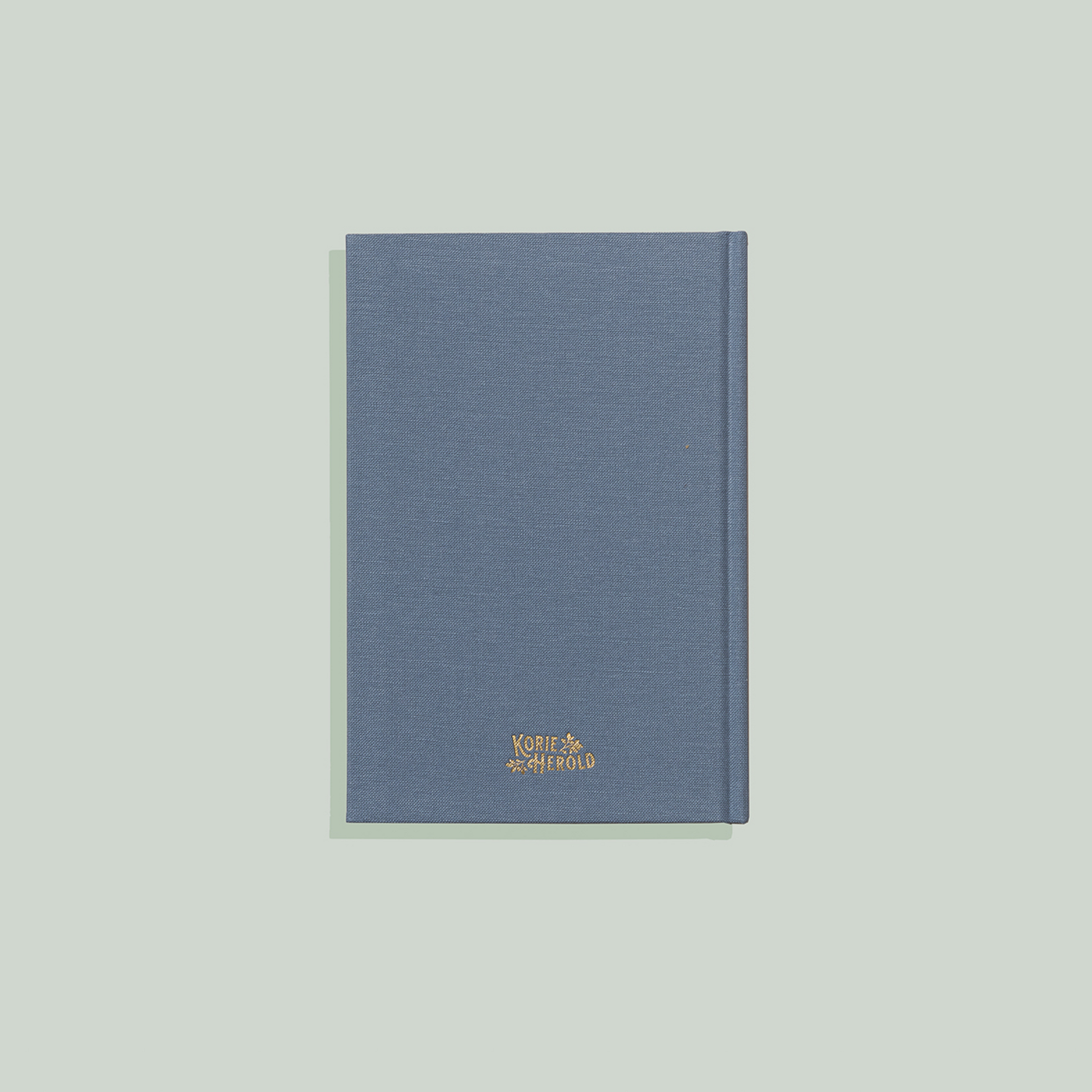 Blue notebook with a gold logo on a light gray background