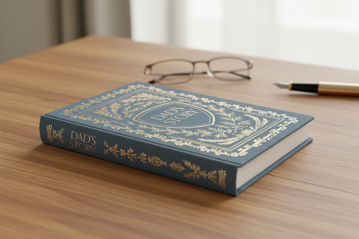 Blue book titled 'Dad's Story' on a wooden table with glasses and a pen.
