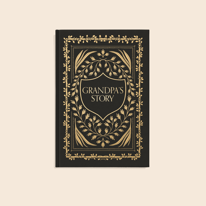 Book titled 'Grandpa's Story' with decorative gold design on a beige background