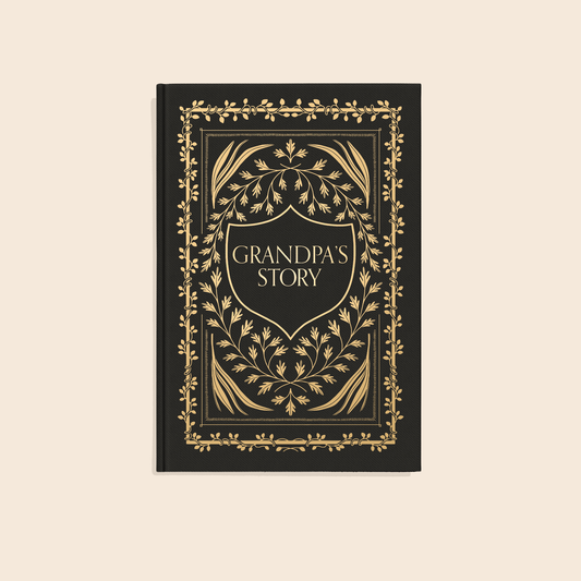 Book titled 'Grandpa's Story' with decorative gold design on a beige background