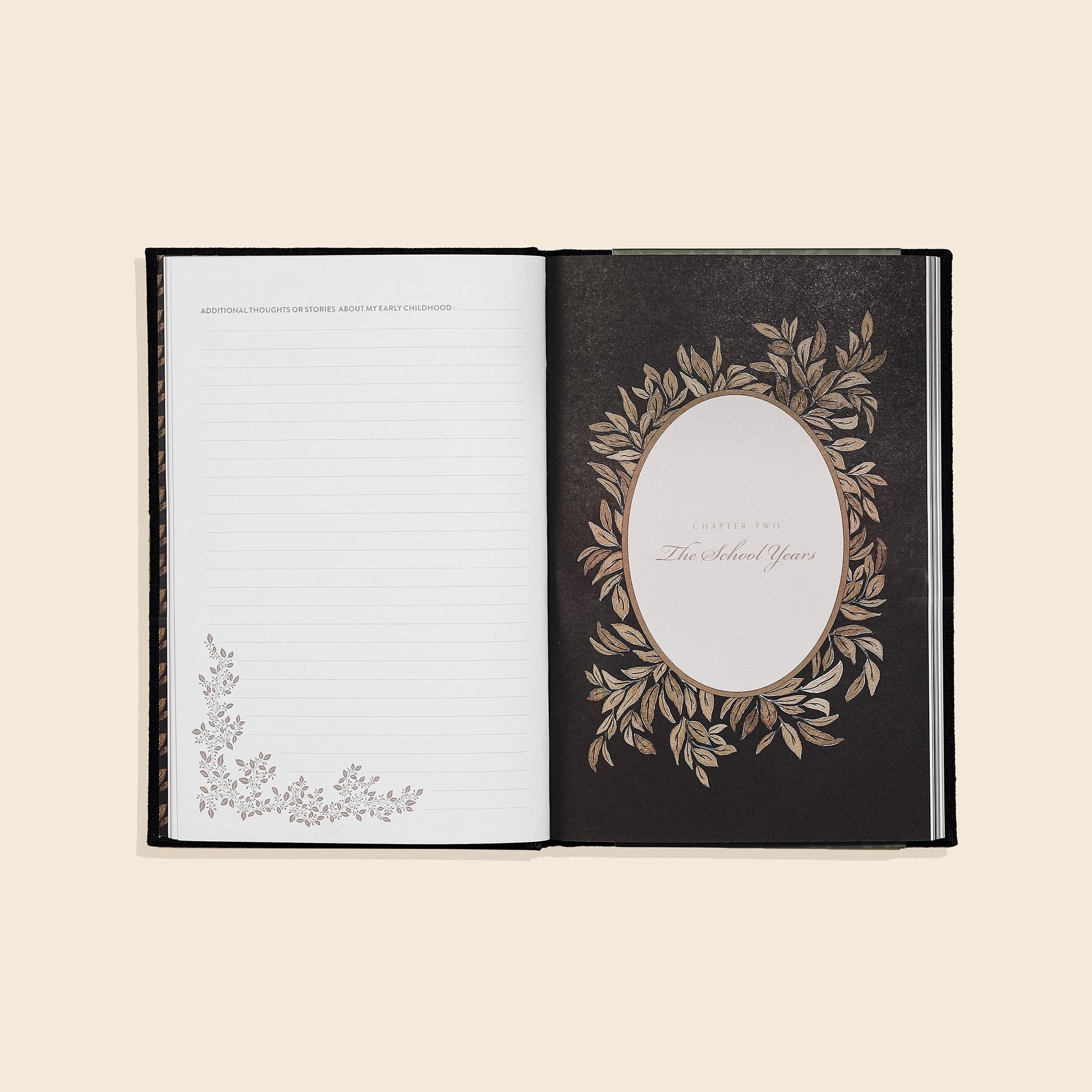 Open book with decorative cover and page on a beige background