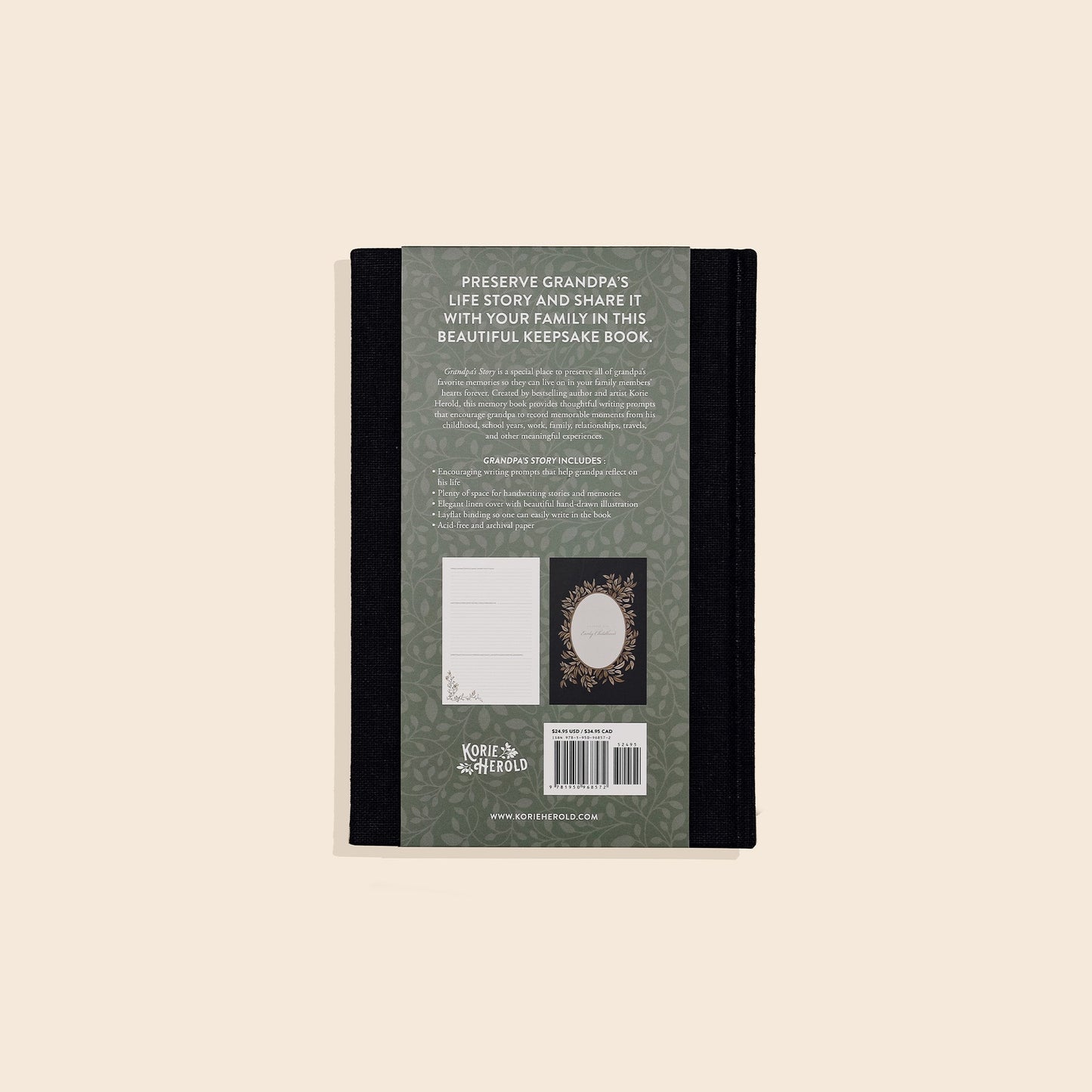 Back cover of a notebook with text and branding on a beige background