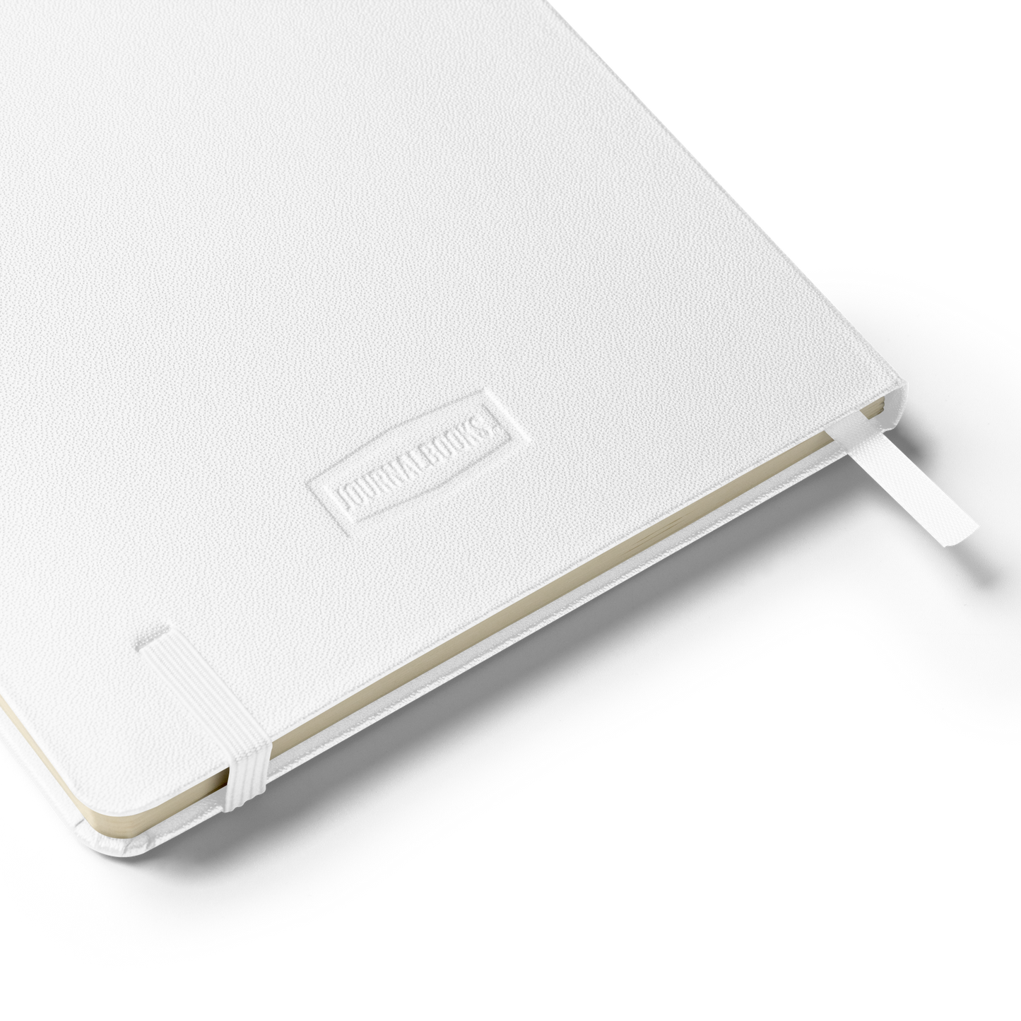 White notebook with a visible brand logo on a white background
