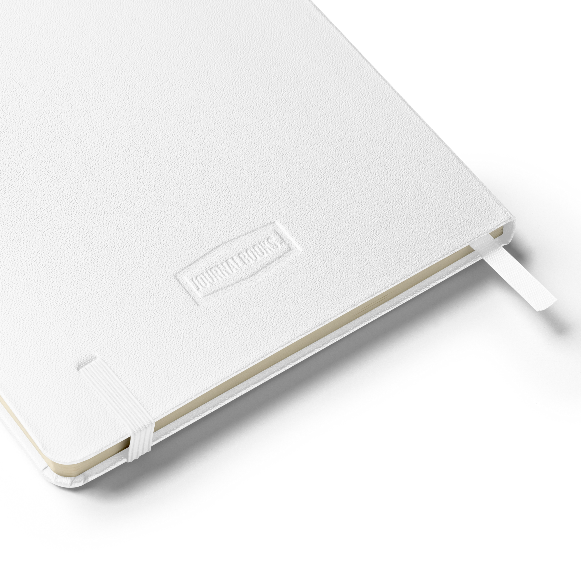 White notebook with a visible brand logo on a white background
