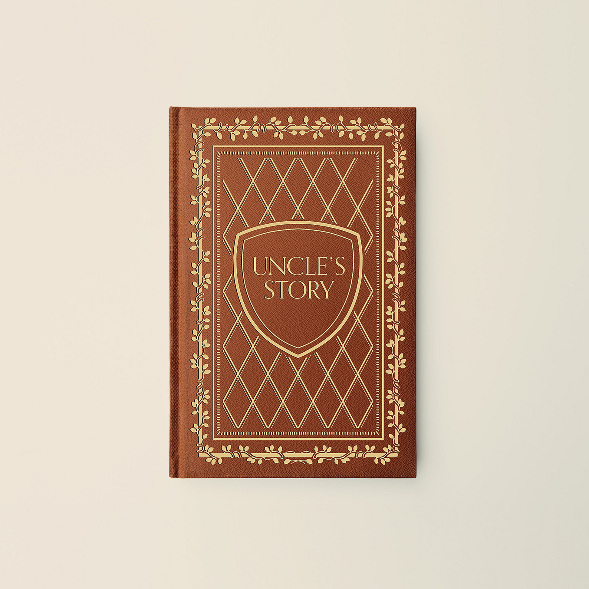 Brown book with decorative cover and 'Uncle's Story' text on a beige background