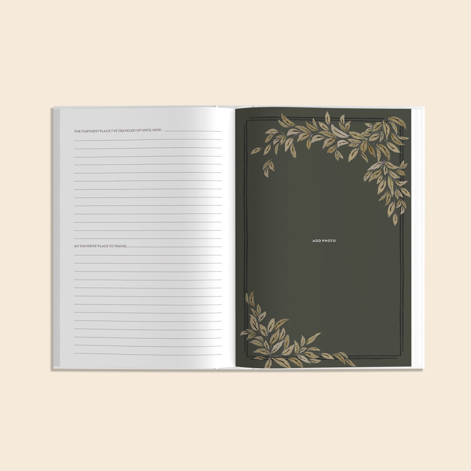 Open notebook with decorative leaf patterns on a beige background